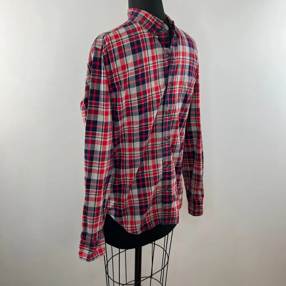 J. Crew Slim Red Blue Plaid Cotton Long Sleeve Button Down Shirt 93064 Men's M